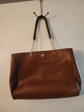 Tory Burch Marsden  Brown Leather Tote with Gold Chain Straps